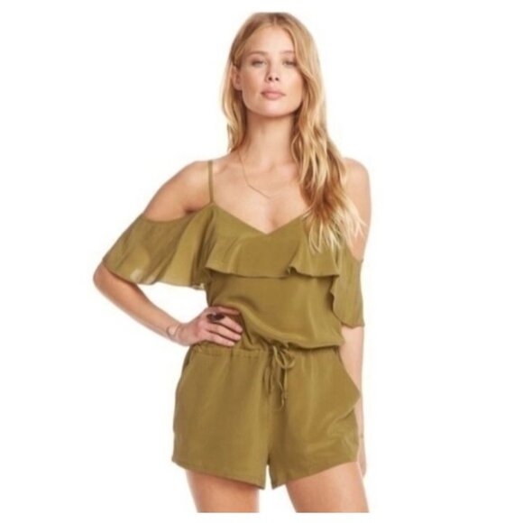 NEW Chaser Sage Green Ruffle Off-Shoulder Silk Romper Drawstring Waist Size M‎ - Picture 1 of 14